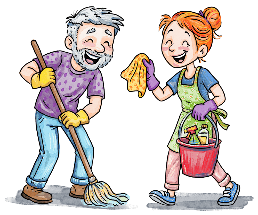 Zwei lachende Eltern putzen die Kita beim Desi-Tag in der Kita "Villa Kunterbunt" in Düsseldorf.