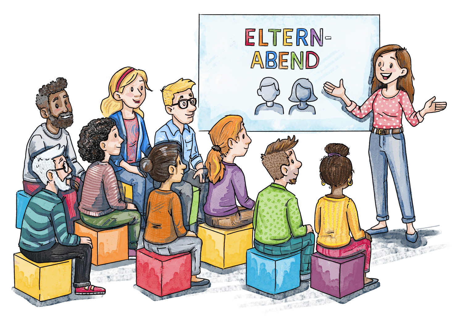 Multikulturelle Eltern sitzen fröhlich zusammen beim Elternabend. Eine Mutter präsentiert die themen des Abends. Bunte Kleidung und bunte Menschen stehen für die Elterngemeinschaft der Kita "Villa Kunterbunt" in Düsseldorf.