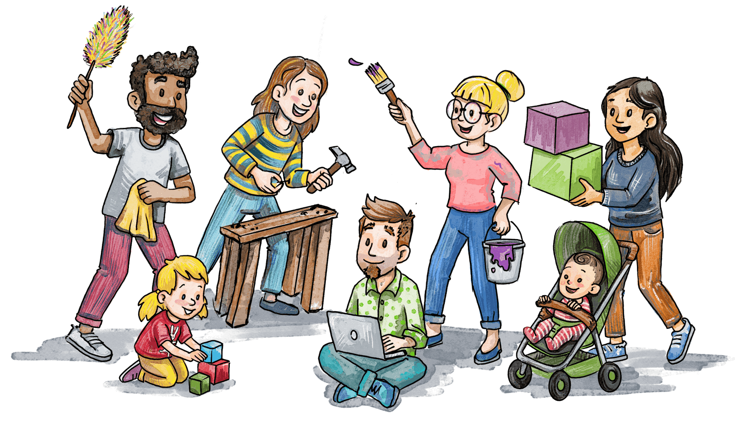 Fünf Eltern mit unterschiedlichen Tätigkeiten: Putzen, Werken, Malen, Einkaufen und Computerarbeit. Davor ein Geschwisterkind im Kinderwagen und ein Kindergartenkind mit Bausteinen. Das Bild steht für Elternarbeit in der Kita "Villa Kunterbunt" in Düsseldorf.