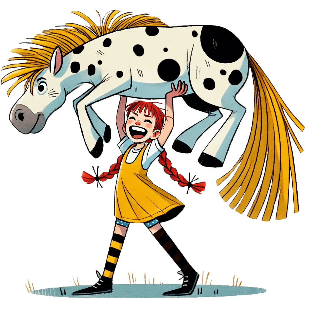 Pippi Langstrupf hebt ihr Pferd kleiner Onkel hoch. Starke Kinder in der Kita "Villa Kunterbunt" in Düsseldorf.
