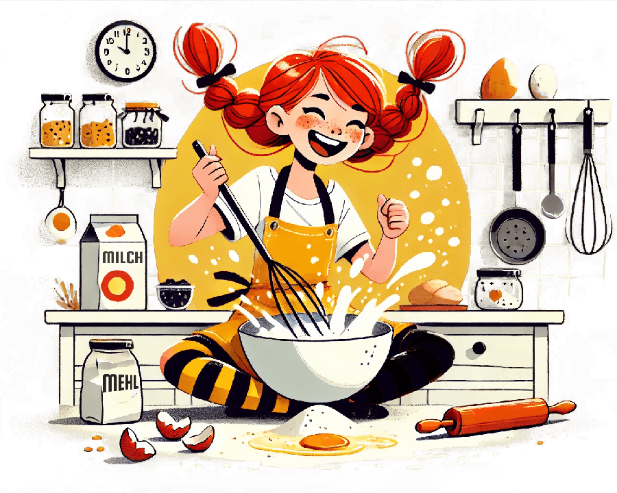 Pippi Langstrupf backt Pfannkuchen. Leckeres Essen in der Kita "Villa Kunterbunt" in Düsseldorf.
